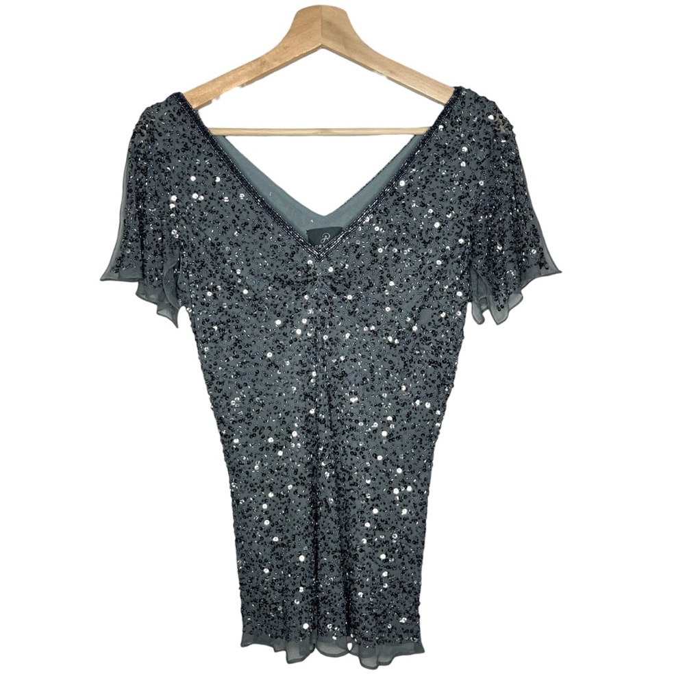 Adrianna Papell Grey Split Flutter Sleeve Beaded Silk Blouse Evening Fairycore